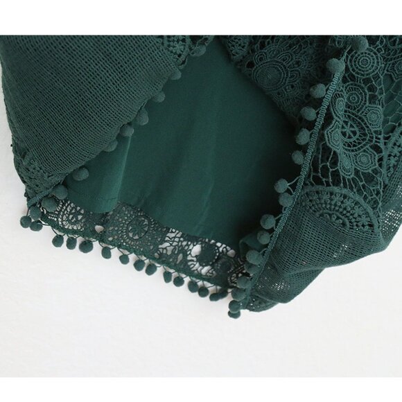 Tularosa Revolve Clayton Tunic Mini Dress L Hunter Green Pom Pom Trim Lace $210 - Picture 15 of 16